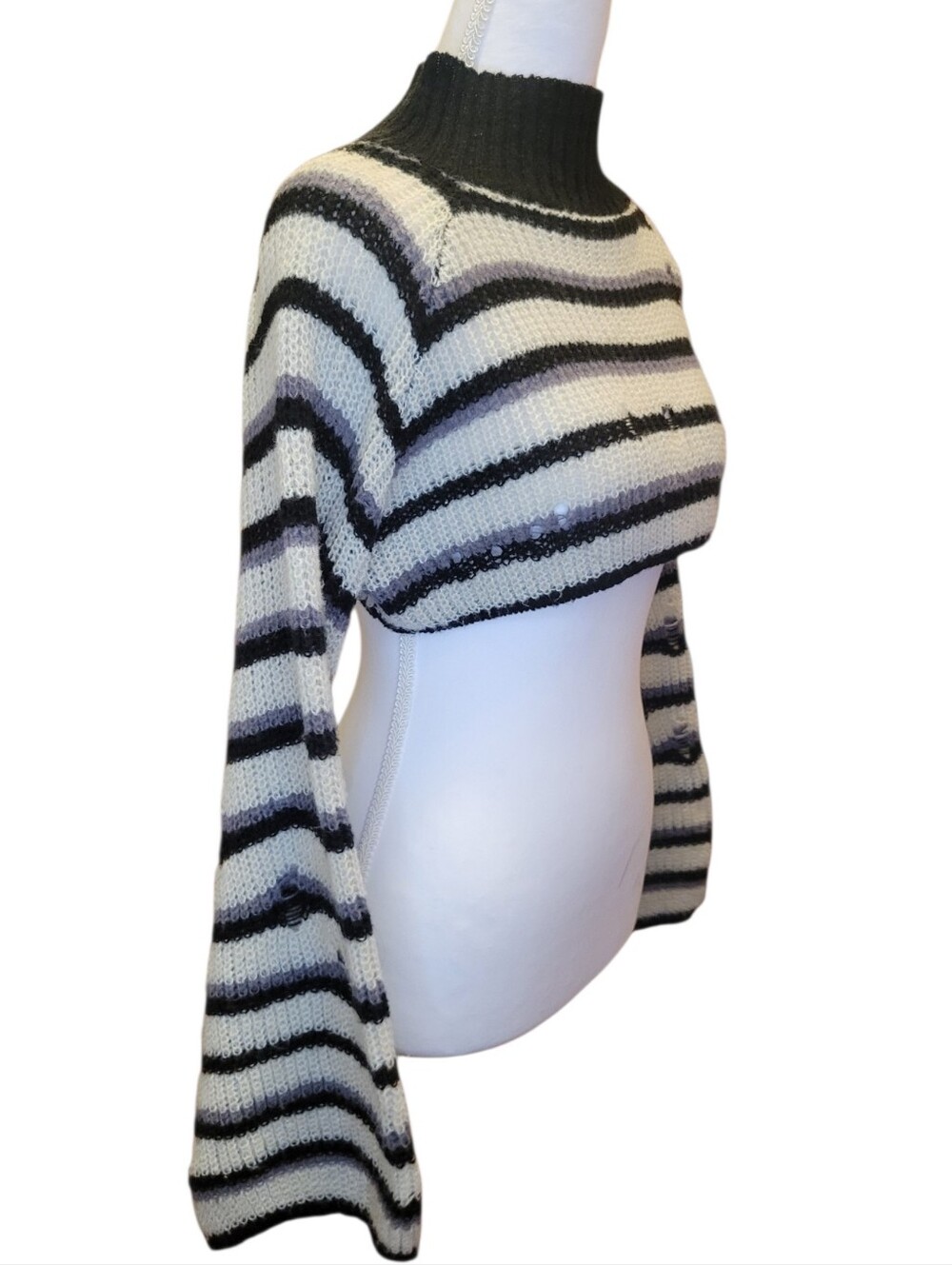 Distressed Grunge Striped Mock Neck Cropped Sweater - Picture 3 of 7